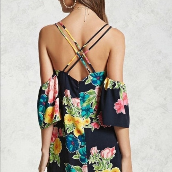 Forever 21 Floral Tunic Cold Shoulder Mini Dress Size M - Picture 4 of 13